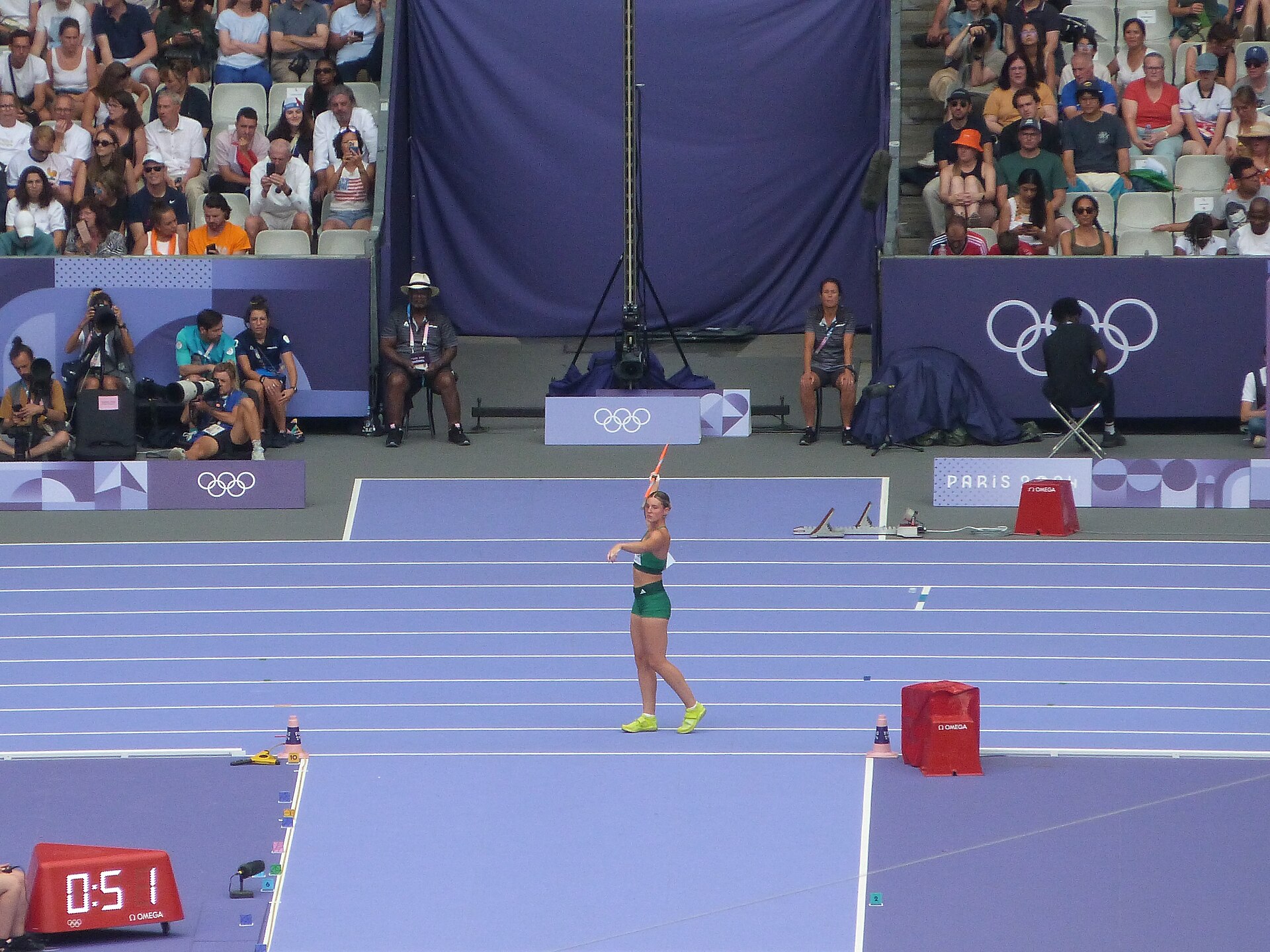 Kate O'Connor competing in the heptathlon javelin at the Paris Olympics