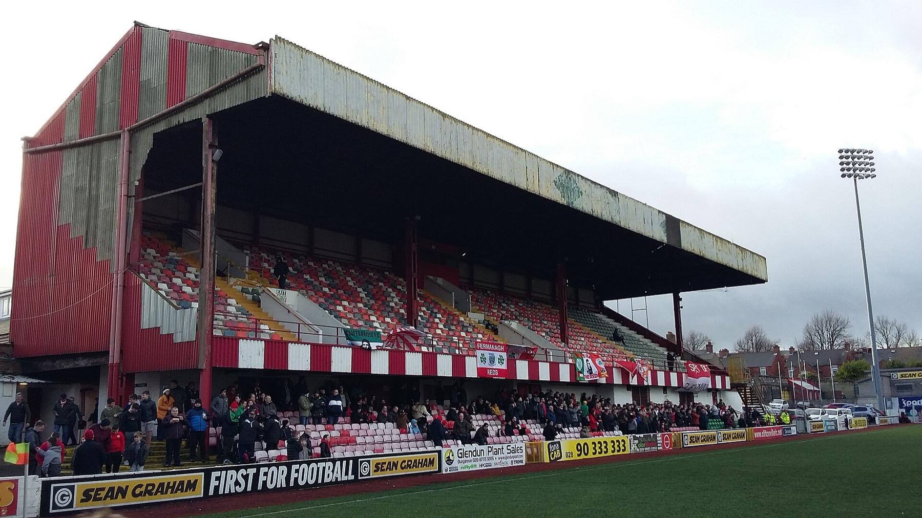 The main stand and pitch at Solitude in north Belfast