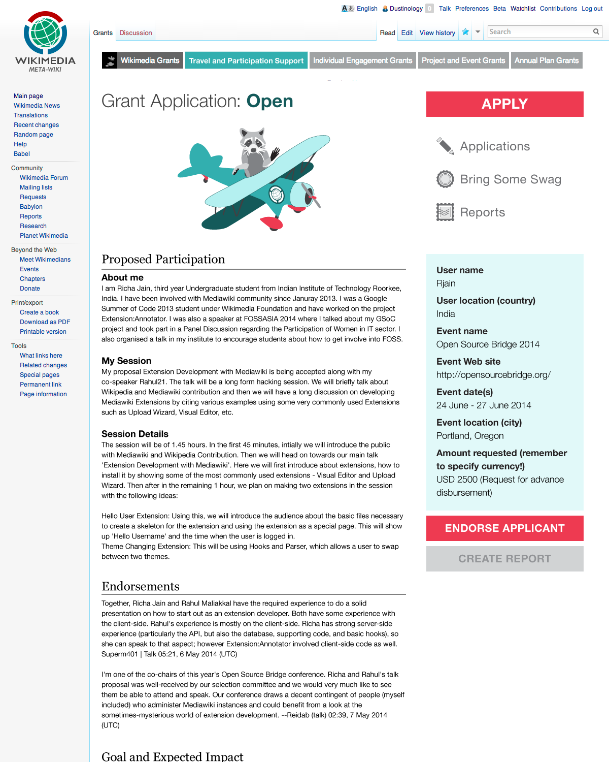 Travel and Participation Support mockup design for Single Application view