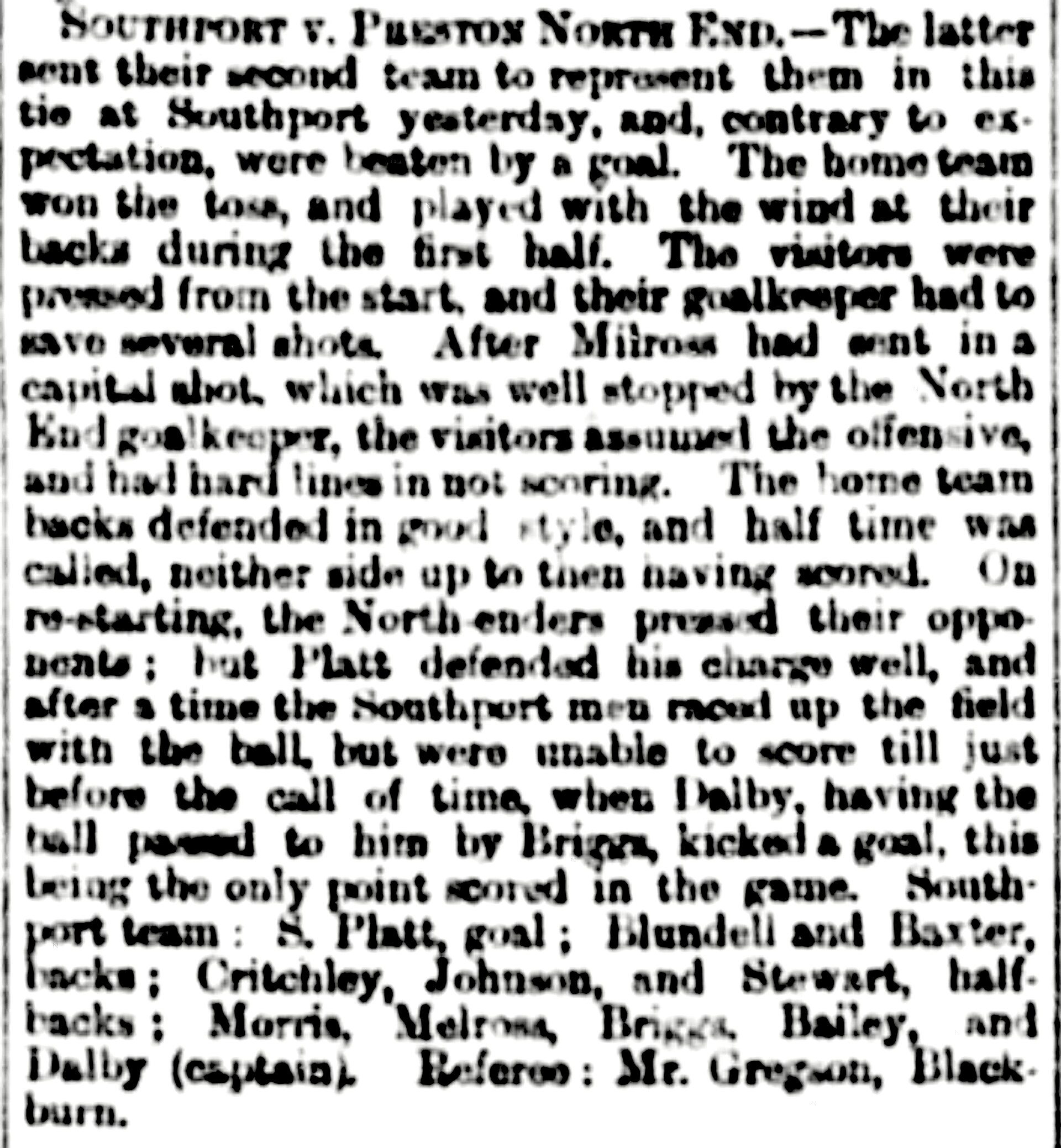 1884–85 Lancashire Senior Cup 2nd round, Southport 1–0 Preston North End, Liverpool Mercury, 3 November 1884