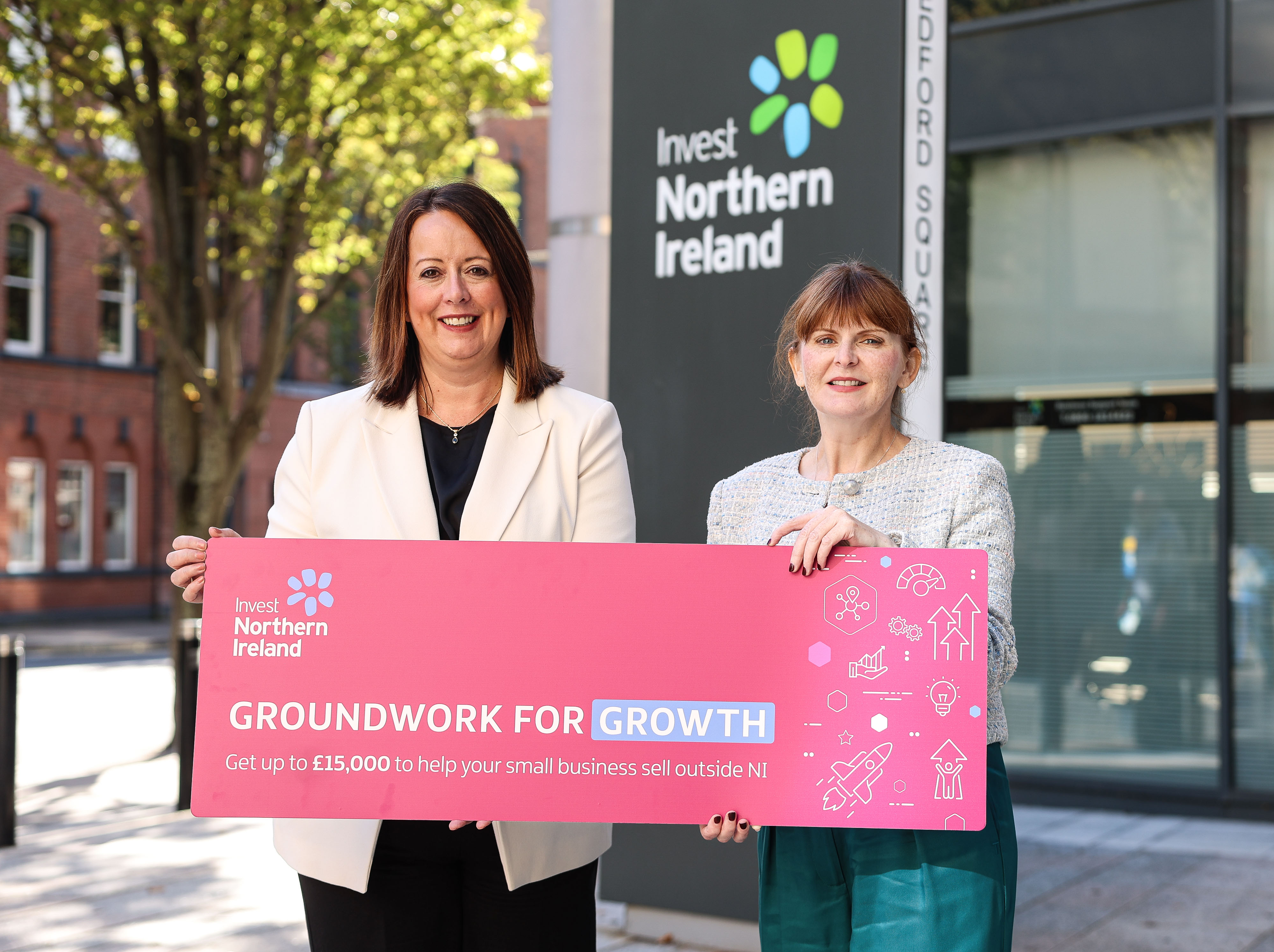 Economy Minister Dr Caoimhe Archibald is pictured with Alison Currie, Chief Development Officer at Invest NI as she announces the new Groundwork for Growth programme - a programme of support to help small businesses to grow by winning new sales in export markets.
