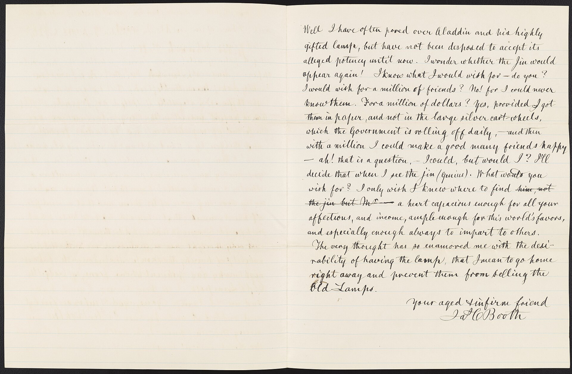 James Curtis Booth (1810-1888) writes to Miss Hannah Scott, a family friend, to thank her for her gift of a bottle of water from Richland Springs.