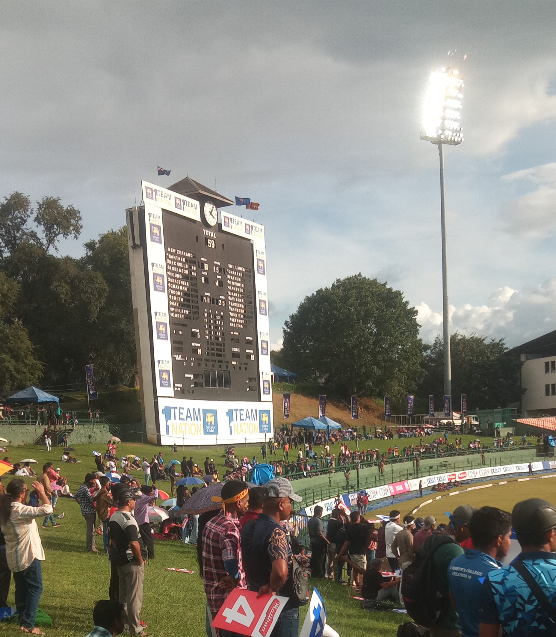 Scoreboard at Pallekele International Cricket Stadium during the second ODI between New Zealand and Sri Lanka on 17 November 2024