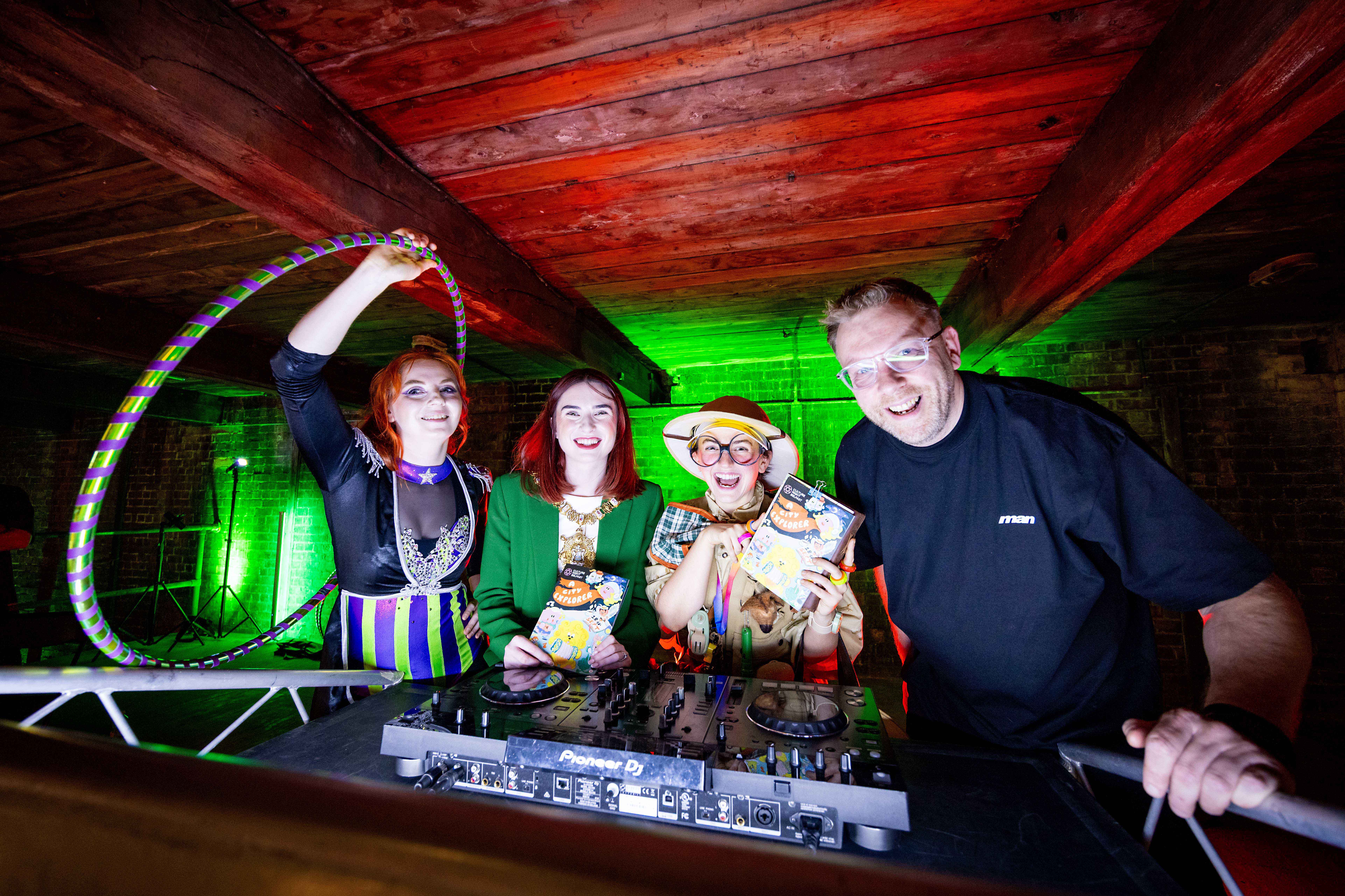 Dani Greer, Lord Mayor Róis-Máire Donnelly, Holly Hannaway and DJ Neal McClelland launch Culture Night Belfast 2026.